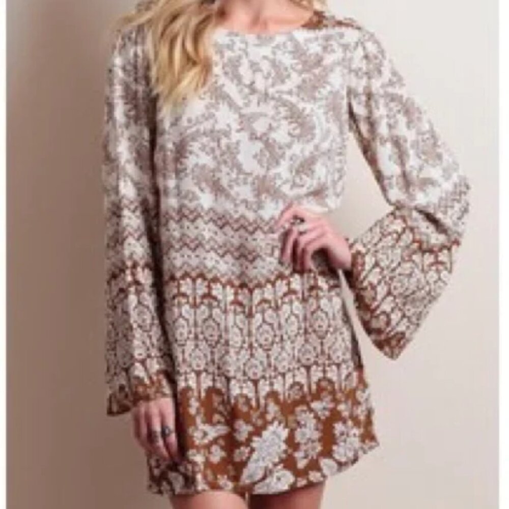 NOVELLA ROYALE SZ XS MINI TUNIC DRESS TAN PAISLEY RUST FESTIVAL BEACH BOHO CHIC